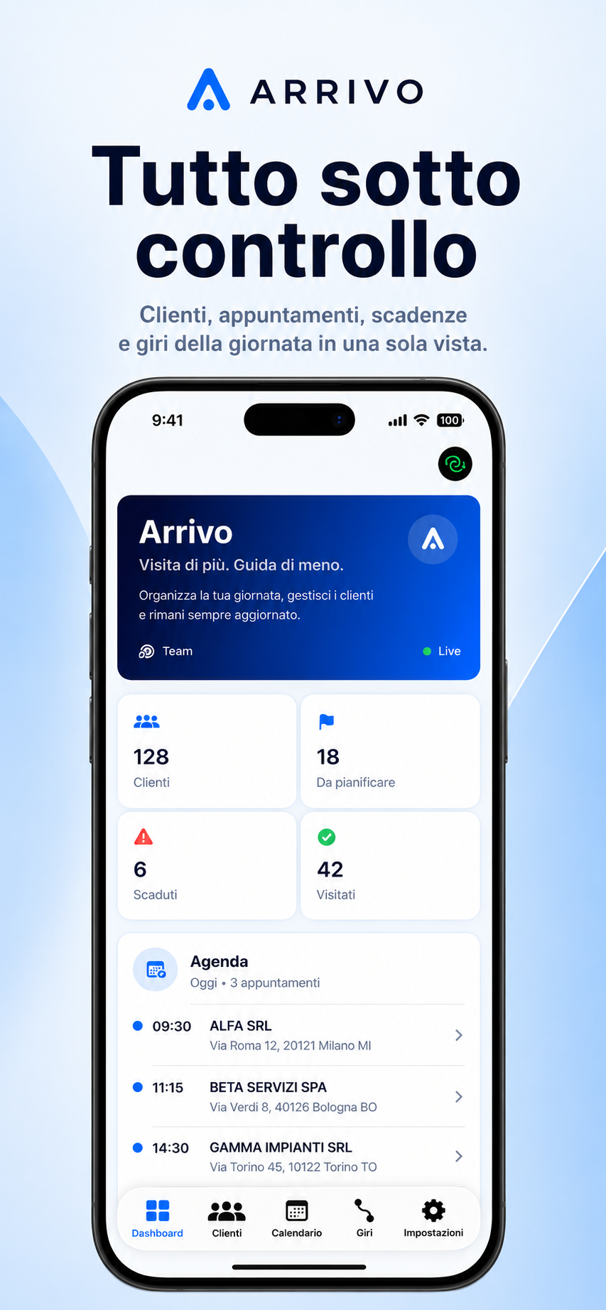 Schermata dashboard dell'app Arrivo con clienti, appuntamenti e scadenze